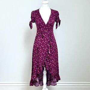 Cottagecore Burgundy Floral Wrap Dress